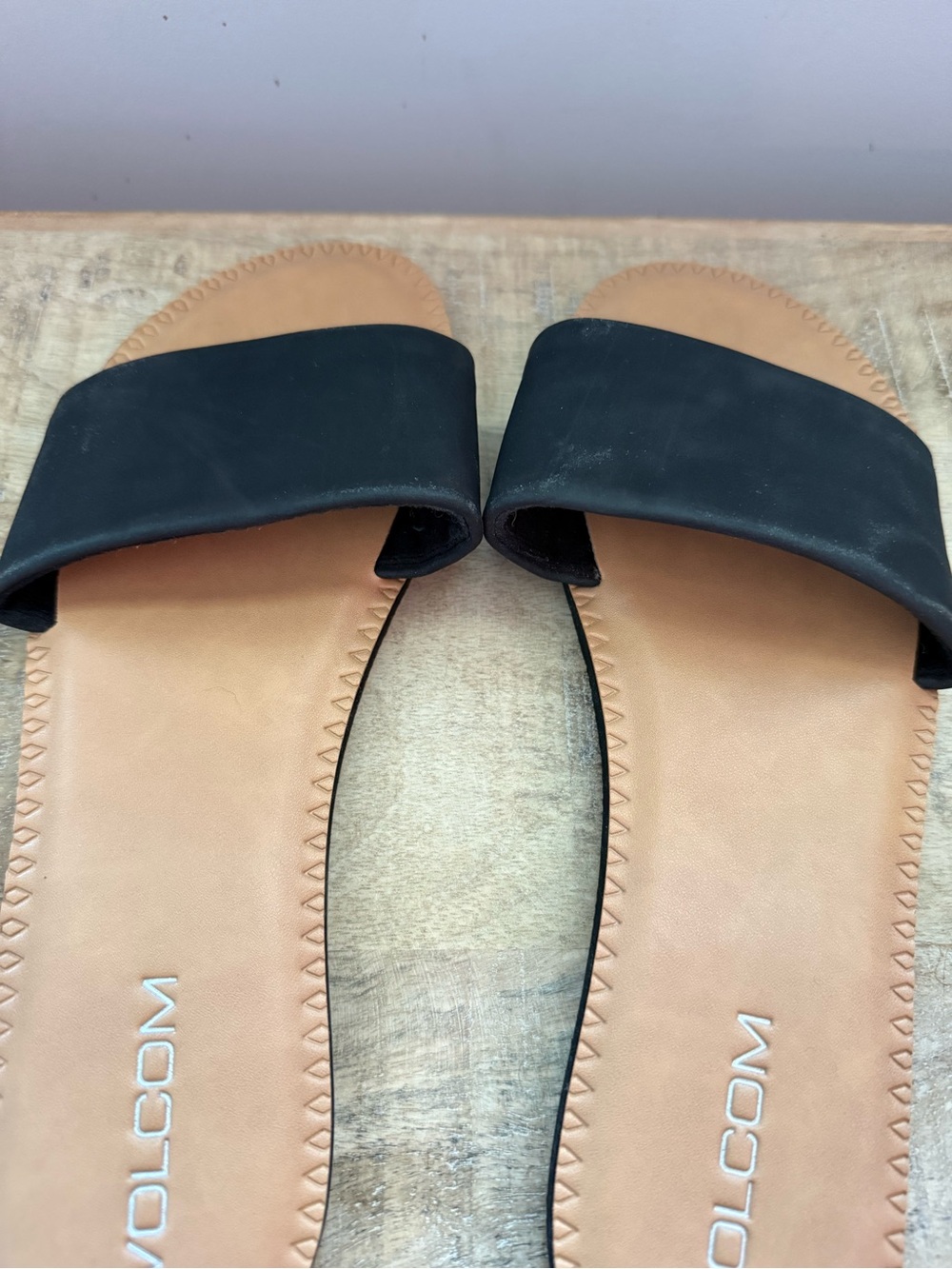 Volcom Black Slide Sandals with Tan Footbed - Picture 2 of 3